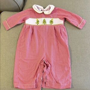 Red Gingham Baby Smocked Longall Jon Jon with Christmas Trees